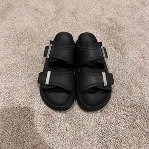 Alexander McQueen Black Double-Strap Slide Sandals with Silver Buckles